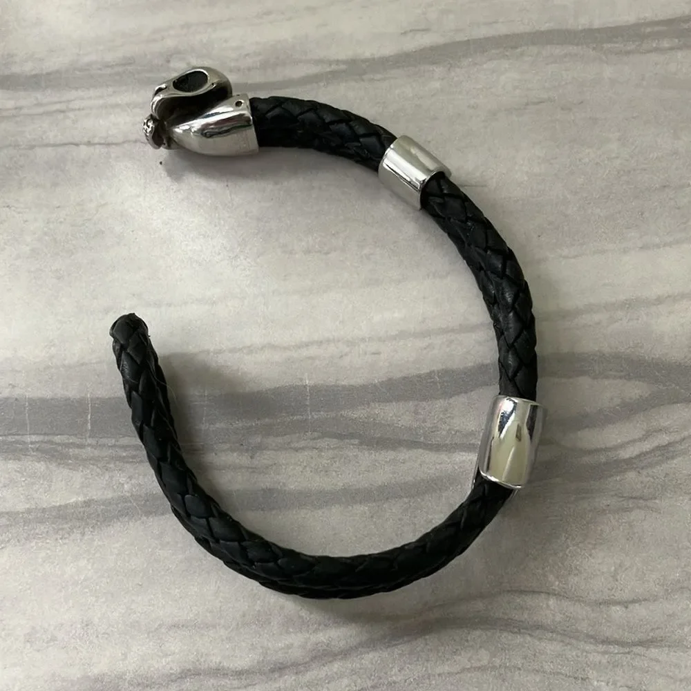 Edgy Black Braided Bracelet with Silver Skull